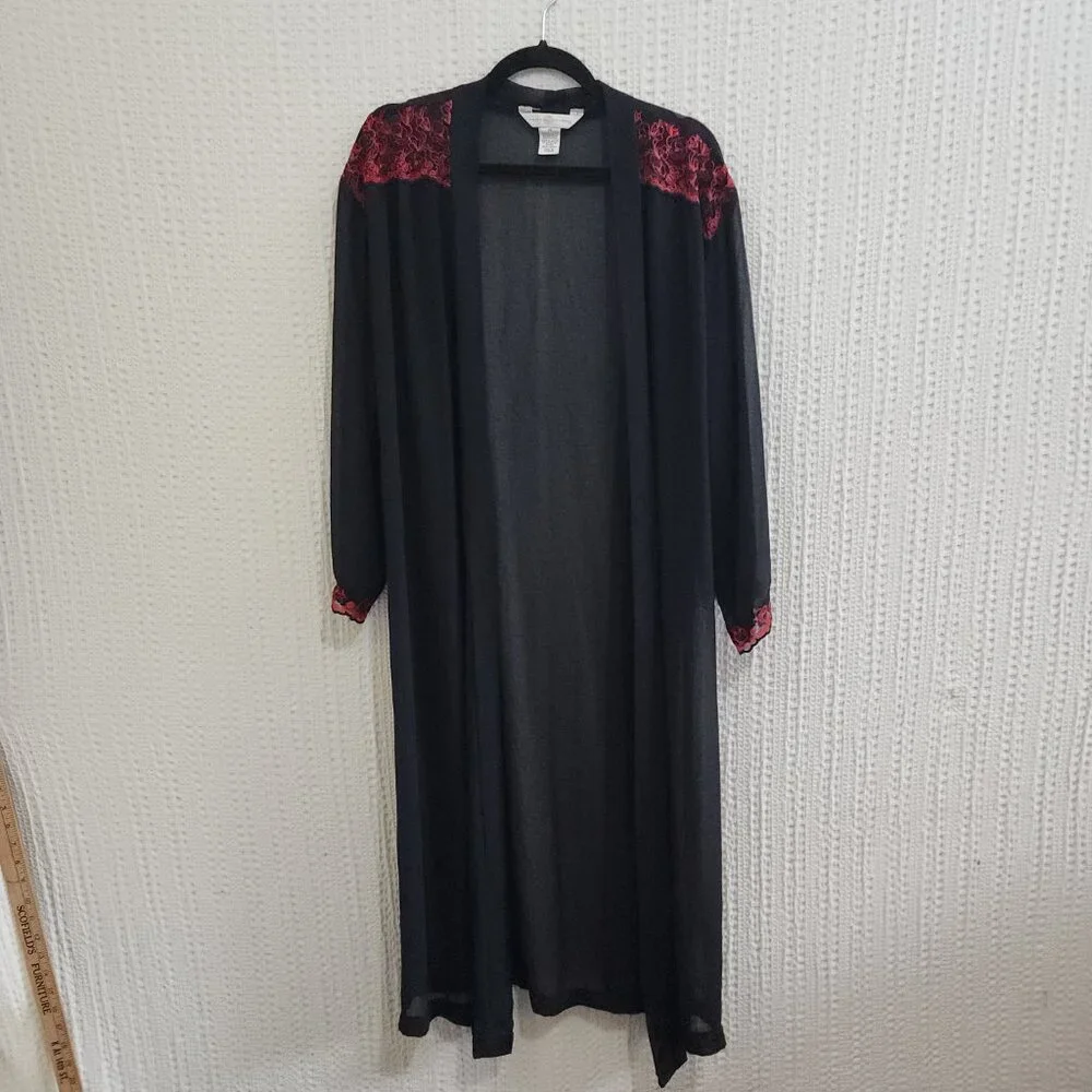Vintage Private Luxuries Sheer Black Kimono Red Floral Embroidery Lace Robe M